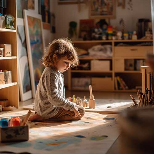 A child sits on the floor and draws on a piece of paper in front of a low Montessori art shelf containing a variety of art materials and supplies that are easily accessible to children