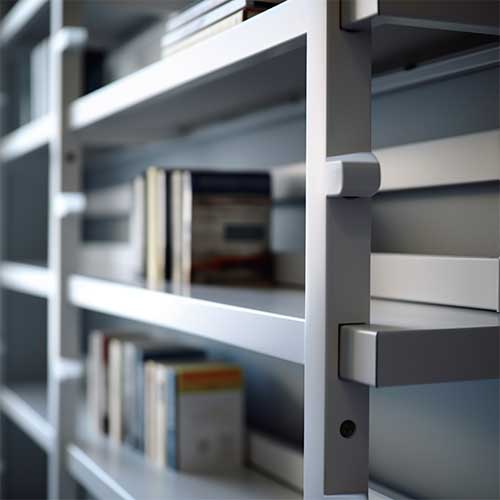 A close-up shot of a white minimalist bookshelf made of metal, h