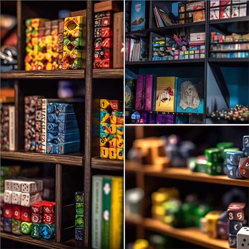 A collage of board game shelves in different styles and finishes