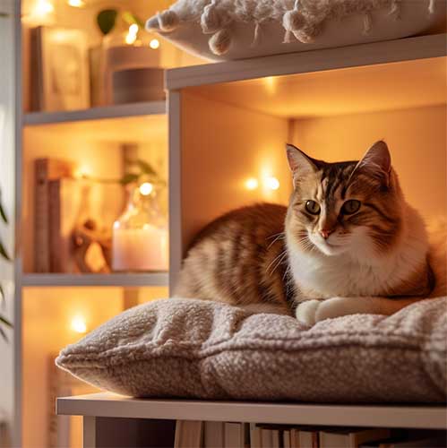 A cozy bedroom with cat shelves constructed from plush faux fur, creating a soft and inviting resting spot for a pampered cat