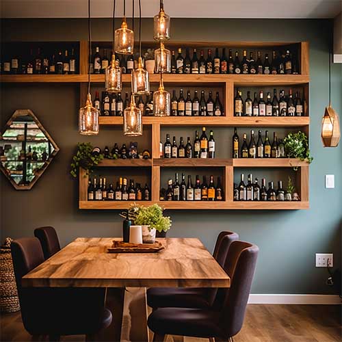 A dining room with floating shelves, displaying a curated selection of wine bottles, glasses, and a corkscrew, adding a touch of sophistication and wine connoisseurship to the space