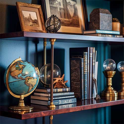 A floating shelf in a home office, elegantly presenting a set of antique globes and a collection of books, inspiring wanderlust and intellectual curiosity