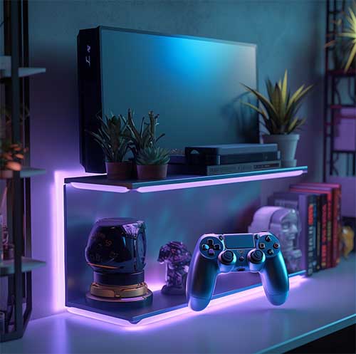 A futuristic console shelf designed with LED lights and modern m