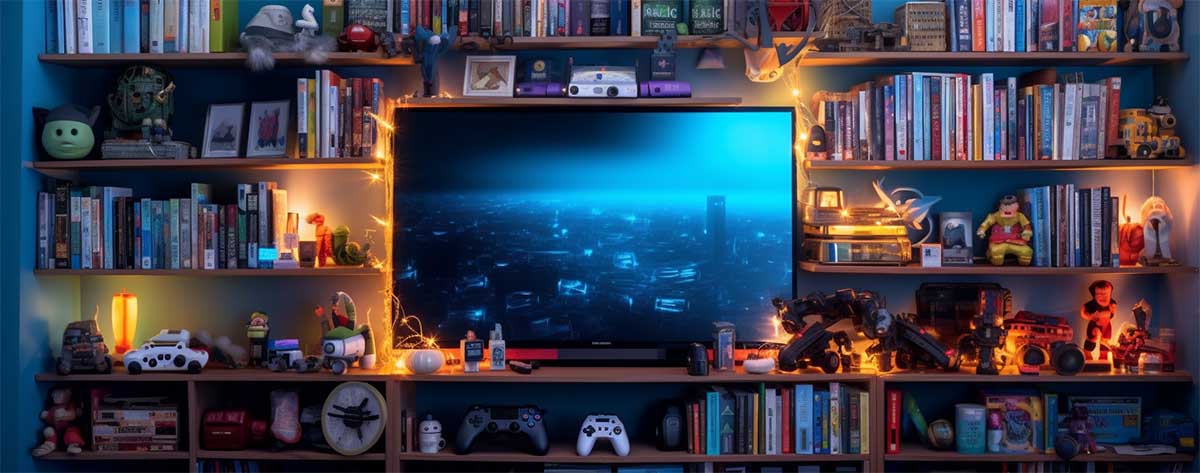 A panoramic shot of a beautifully organized and lit gaming shelf