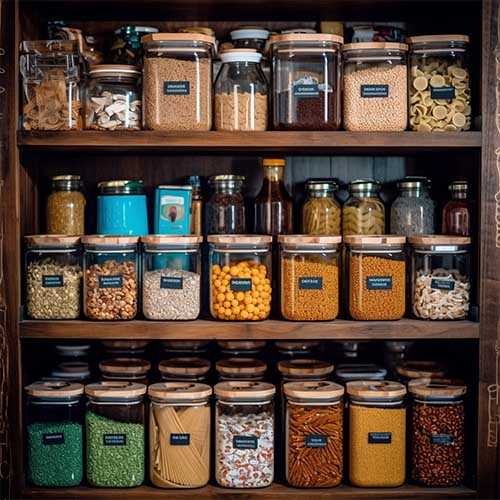 A perfectly structured pantry featuring shelves meticulously organized and containers elegantly labeled