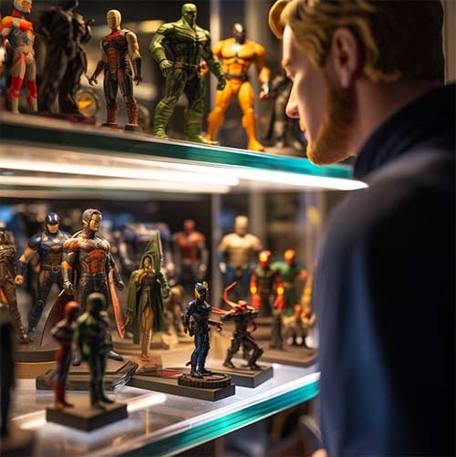A person showcasing their action figures on a shelf with a mirrored back panel, showcasing how the reflective surface adds depth and amplifies the visual impact of the collection