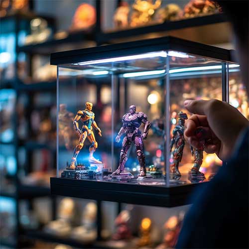 A person standing in front of a glass case with built-in LED lighting, creating a vibrant and captivating atmosphere that highlights the action figures
