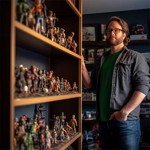 A person standing in front of a shelves, revealing a huge collection of action figures