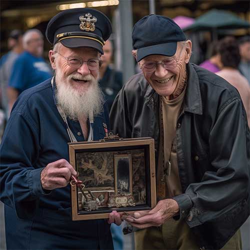 A retired Navy sailor presenting their shadow box to a fellow sailor