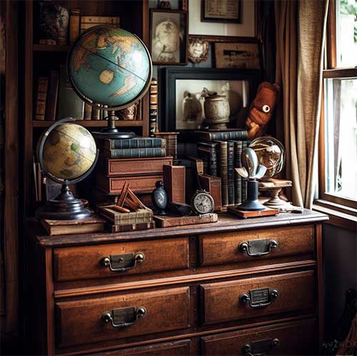 A rustic-inspired study with a farmhouse-style dresser with shelves, displaying a collection of antique globes and leather-bound books, evoking a sense of history and intellectualism