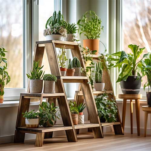 A set of matching wooden plant shelves in different sizes and heights, creating a cohesive and harmonious look for a collection of potted plants
