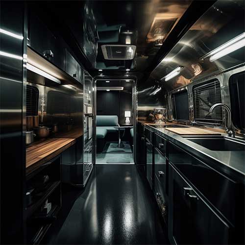 A sleek and modern trailer interior showcasing metallic cabinets with a reflective surface, exuding a contemporary and industrial aesthetic
