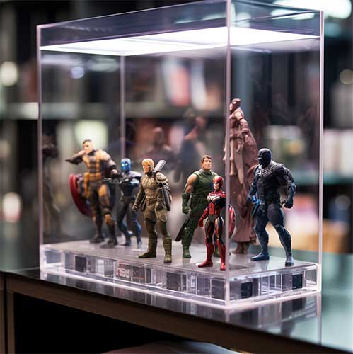 A sleek, modern shelf made of transparent acrylic, showcasing the action figures