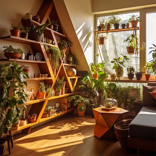 A small apartment living room with limited floor space but adorned with a series of floating shelves in captivating geometric shapes, displaying a collection of vibrant plants and decorative items