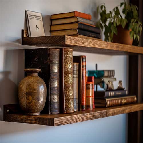 A solid wood floating shelf showcasing its natural grain and warm finish, adorned with a collection of antique books.