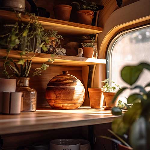 A trailer interior with rustic wooden shelves showcasing the natural grain patterns and warm tones of the wood, evoking a cozy and inviting atmosphere