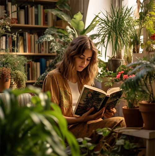 A woman, engrossed in a book about indoor plants, is surrounded by a vibrant collection of foliage and flowers, representing the exciting world of indoor greenery