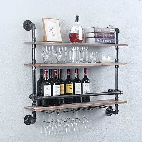 Industrial Pipe Shelf Wine Rack Wall showcasing best bar shelves design