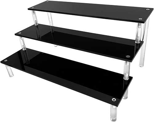 Black Acrylic Shelf Riser 3 Tier, displaying a grand selection of top-rated action figures.