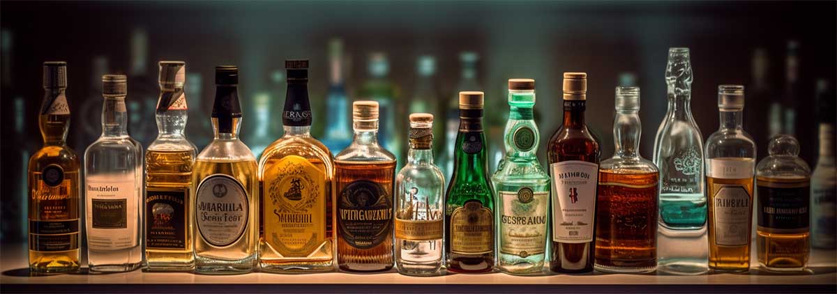 Contemporary floating bar shelves displaying a selection of fine spirits