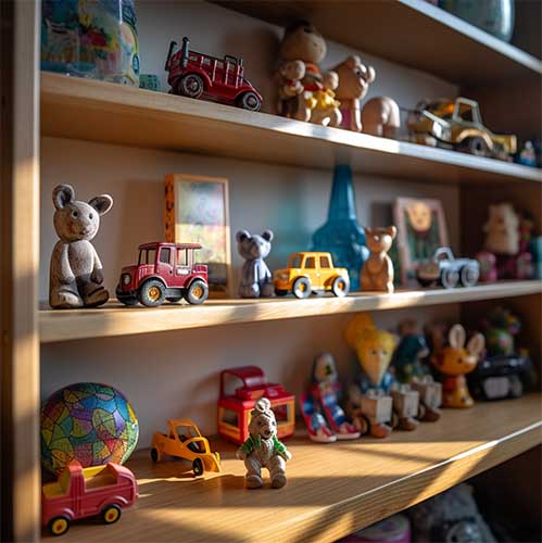 Montessori shelves showcase a limited number of toys, typically arranged from simplest to most complex