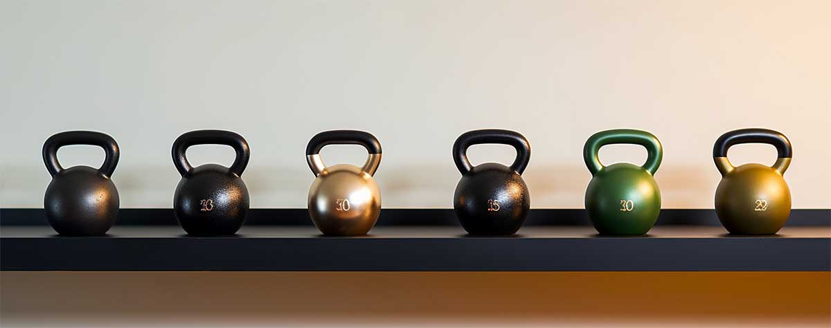 Several kettlebells are placed on a wall-mounted shelf, demonstrating its high strength