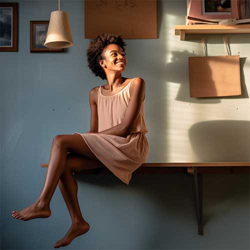 Smiling young woman in a skirt sitting on a floating wall-mounted shelf dangling her legs in the air