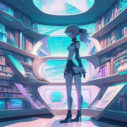 The anime protagonist envisions a futuristic manga shelf design, featuring sleek curves, holographic displays, and floating platforms that perfectly complement the high-tech aesthetic of their room