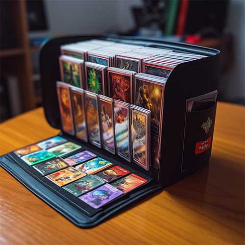 a binder filled with card sleeves and trading cards