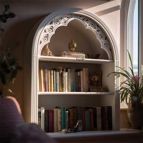 a classic white archway bookshelf with intricate detailing in a