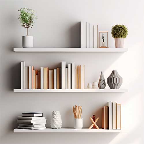 a minimalist bookshelf against a white wall
