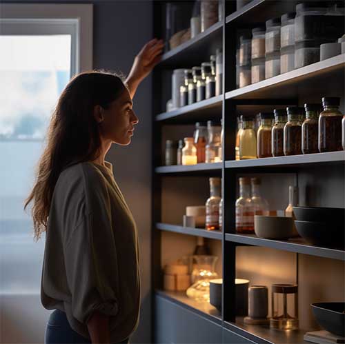 a person admiring the sleek metal adjustable shelves in their pantry, blending functionality and design aesthetics seamlessly