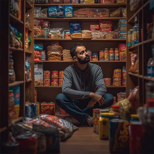a person contemplating their lifestyle and dietary habits while surrounded by various pantry items, guiding them towards appropriate shelving choices.