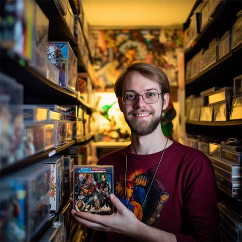 a person proudly displaying their diverse collection in a media shelf