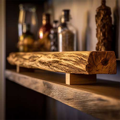 a solid wood bar shelf made from reclaimed barn wood, showcasing the natural knots and imperfections