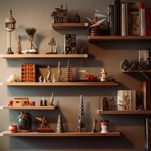 Best Shelves for Plasterboard Walls: Unique Staggered Floating Shelves for Creative Display - An innovative arrangement of floating shelves in a staggered pattern, offering a creative and visually appealing way to showcase small decor items or books