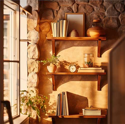 a wall-mounted bookshelf in a rustic setting
