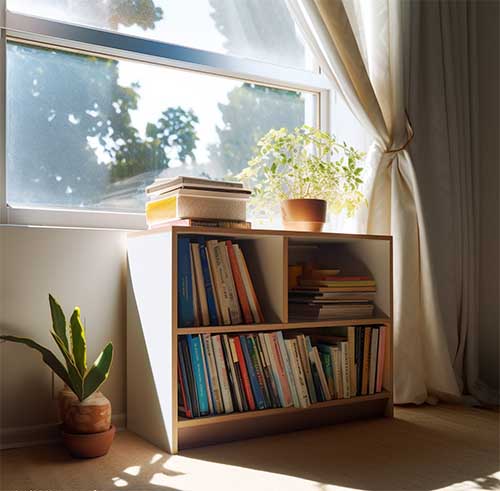 a white low bookshelf placed under a window, utilizing the space
