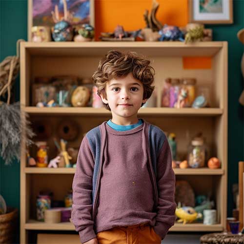 a young artist standing proudly next to his Montessori art shelf, surrounded by his vibrant artwork