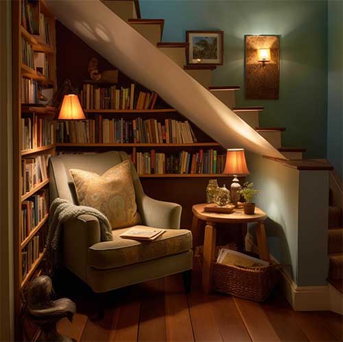 cozy reading nook under the stairs, with floating shelves installed along the underside of the staircase, displaying a collection of books, a reading lamp, and a comfortable chair