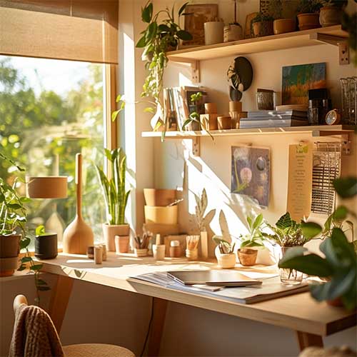 eco-friendly home office with floating shelves made from bamboo, displaying a collection of upcycled stationery and a small potted air-purifying plant, creating a sustainable and inspiring workspace