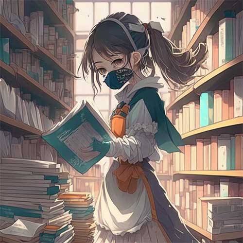 girl in an apron and mask dusting off her manga collection on the shelves