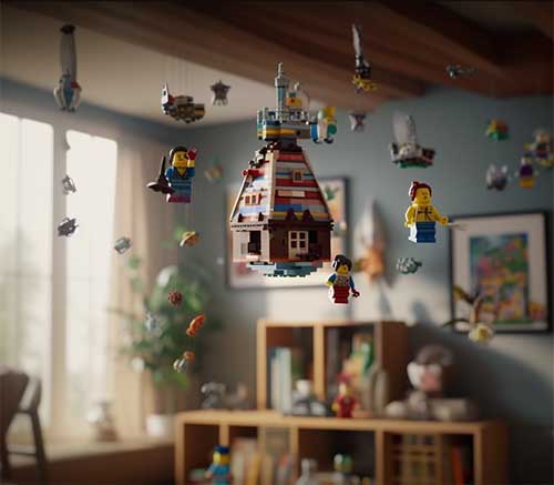 lego figures and assembled miniatures hang in the air on invisible shelves