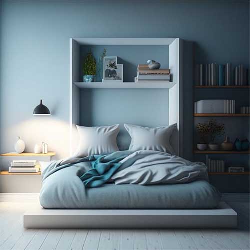 serene bedroom with floating shelves