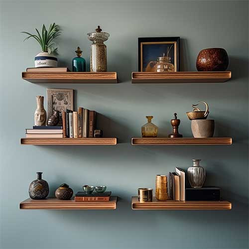 Best Shelves for Plasterboard Walls: Solid Wood Shelves in Beautifully Decorated Room - Classic appeal and sturdy construction showcased in a room adorned with exquisite decor, featuring solid wood shelves