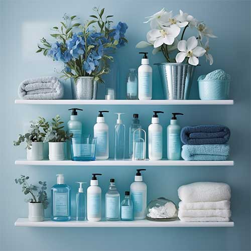 A cohesive color scheme brought to life on the bathroom shelves, featuring items in shades of blue and white, creating a serene and coordinated display that exudes a sense of harmony and tranquility