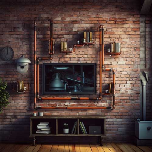 A creative illustration of a TV panel mounted on a brick wall, accompanied by unconventional shelves made of industrial pipes and reclaimed wood, giving the space an edgy and eclectic vibe