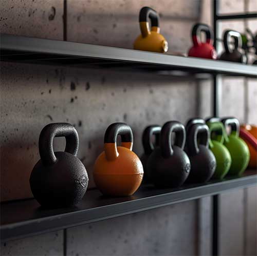A floating shelf integrated into a home gym setting, with kettlebells of various sizes placed on it