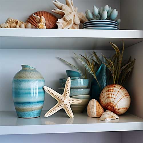 A kitchen shelf adorned with a coastal-inspired color scheme of blues and whites, featuring seashells and beach-themed decor