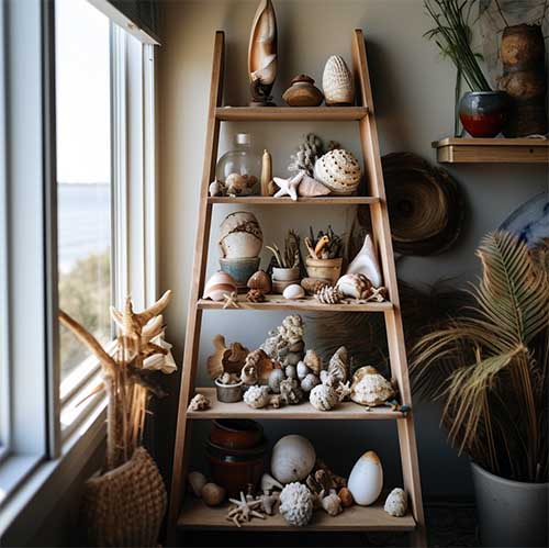 A ladder shelf featuring a curated collection of seashells, driftwood, and beach-inspired accessories, capturing the owner's love for the ocean and coastal vibes